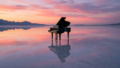 A grand piano floating in the middle of a salt fla