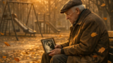 An elderly man sitting alone on park bench surroun