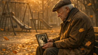 An elderly man sitting alone on park bench surroun