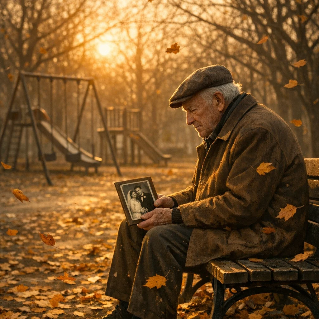An elderly man sitting alone on park bench surroun