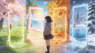 Girl standing in room where one wall shows spring