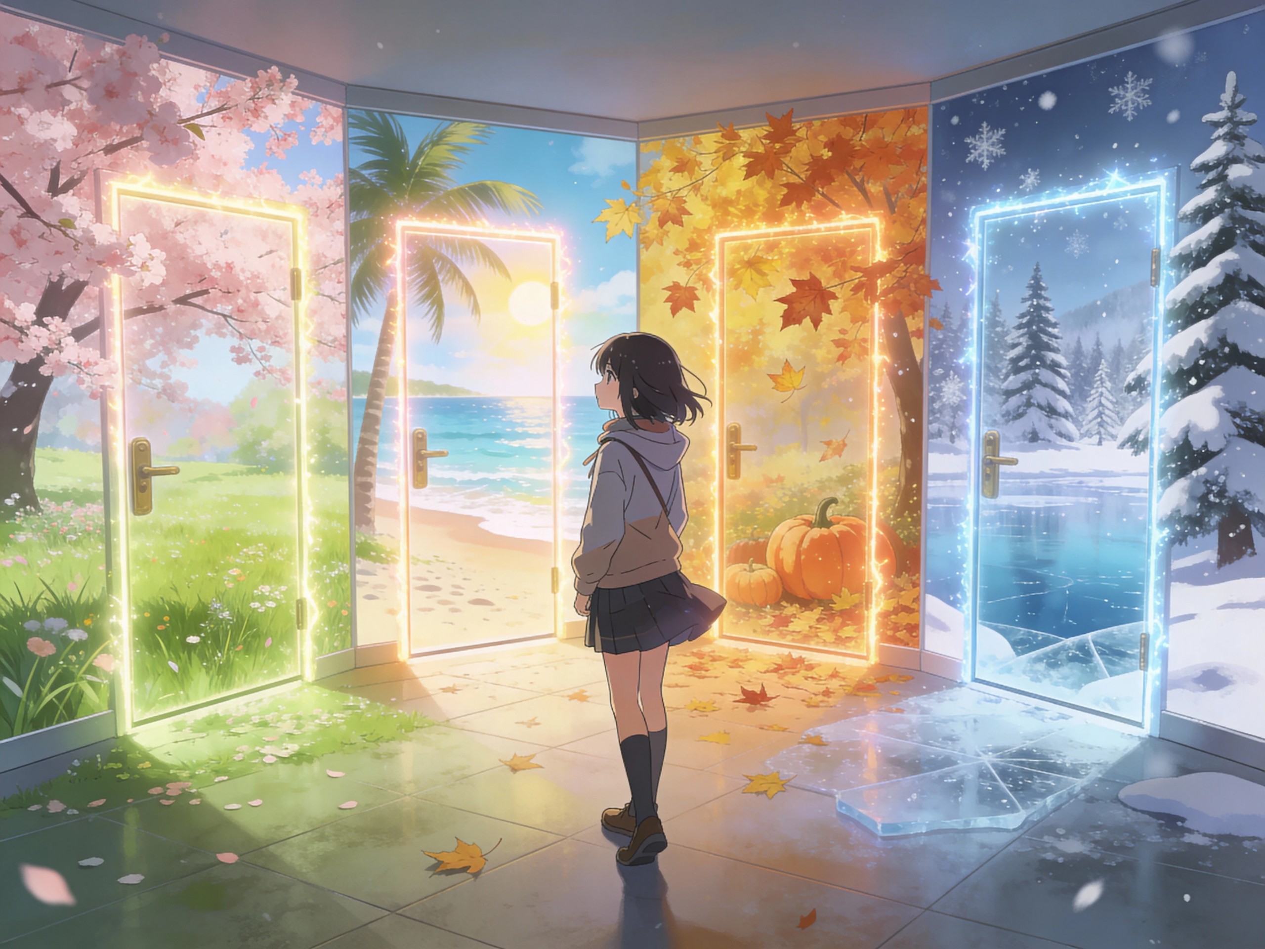Girl standing in room where one wall shows spring