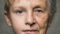 Portrait of identical twins at ages 8 and 80 merge