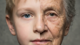 Portrait of identical twins at ages 8 and 80 merge