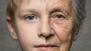 Portrait of identical twins at ages 8 and 80 merge
