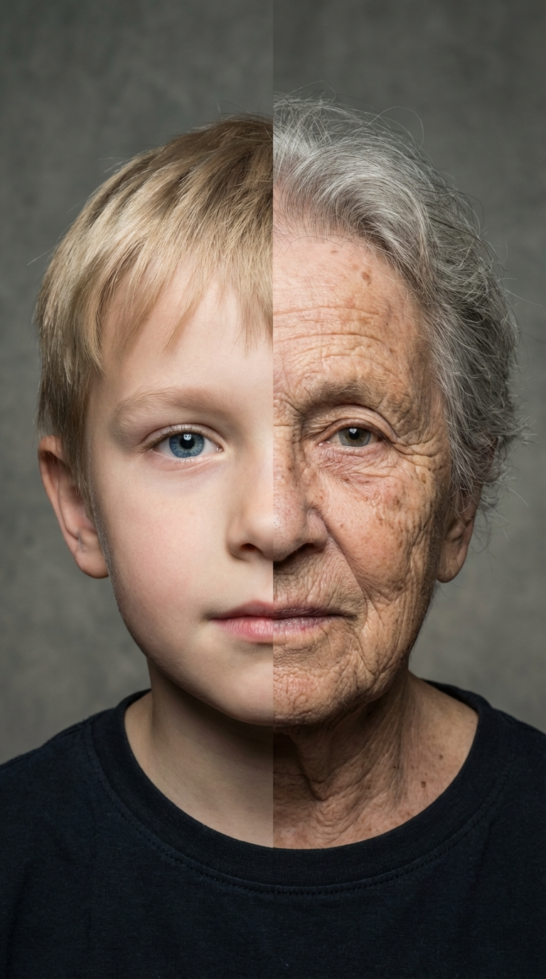 Portrait of identical twins at ages 8 and 80 merge