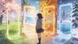 Girl standing in room where one wall shows spring