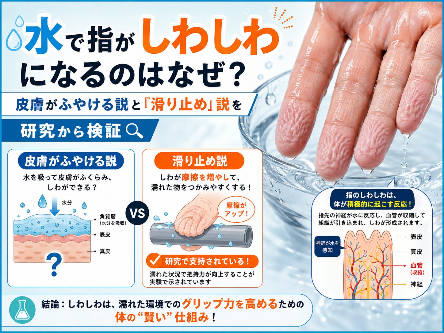 水で指がしわしわになるのはなぜ？皮膚がふやける説と「滑り止め」説を研究から検証
