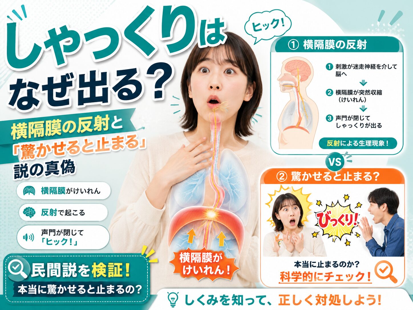 しゃっくりはなぜ出る？横隔膜の反射と「驚かせると止まる」説の真偽