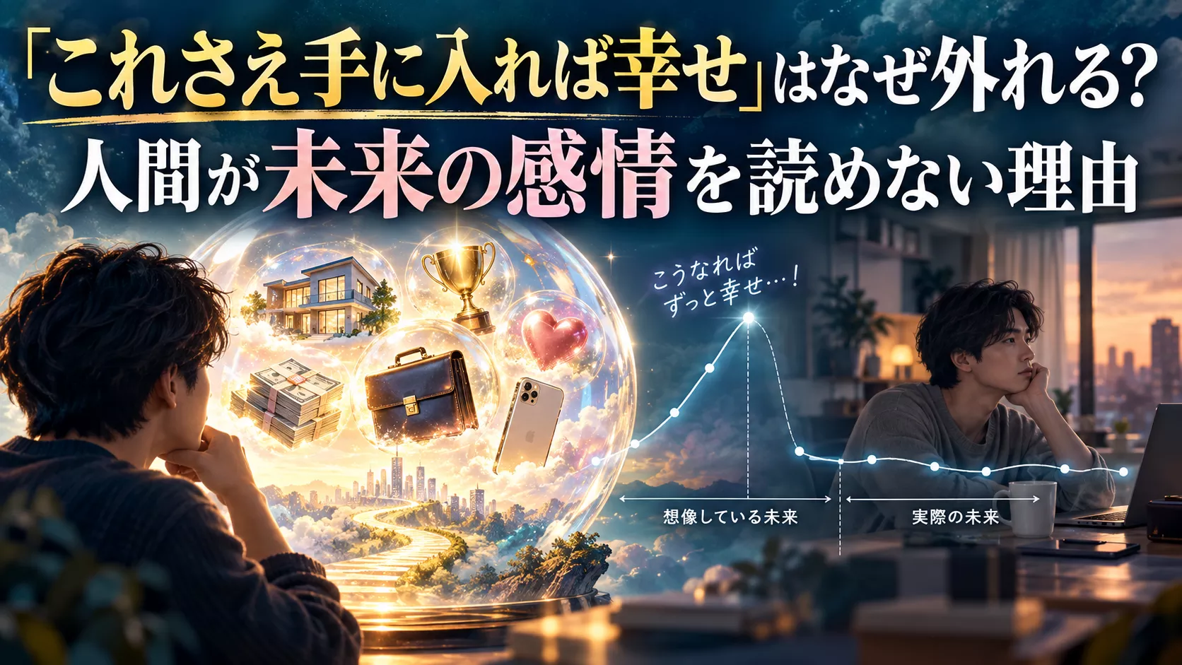 欲しいものを得た未来の幸福を実際より大きく想像し、現実との感情の差に戸惑う様子を表したイラスト