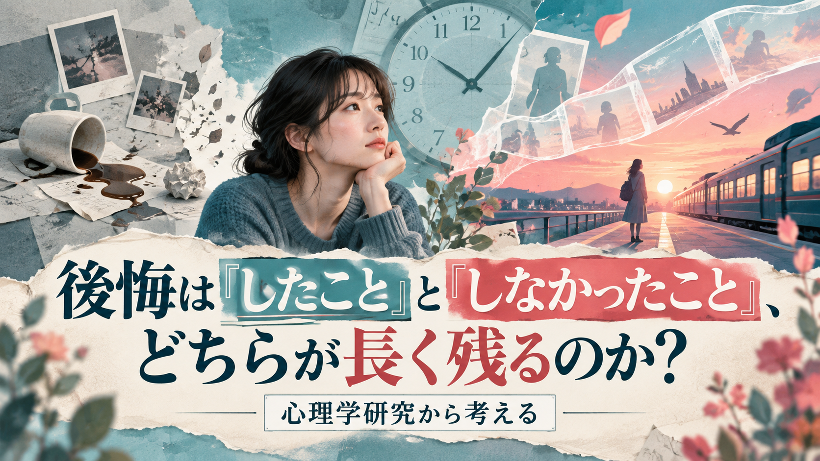 過去の失敗と逃した機会を思い返し、「したこと」と「しなかったこと」の後悔を対比する女性のイラスト