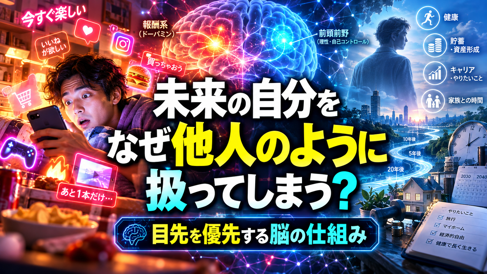 目先の誘惑に引かれる現在の自分と、健康・貯蓄・仕事などを考える未来の自分を対比し、脳の意思決定を表現したサムネイル画像